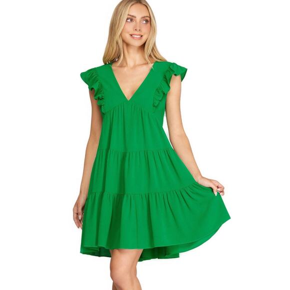 Woven V Neck Midi Dress with Ruffles - Picture 1 of 6